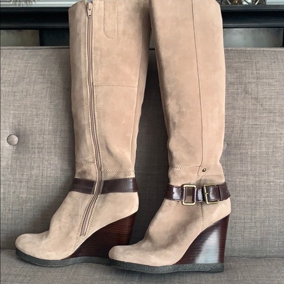 Nine West Shoes - Nine West Vintage America Boots Over The Knee Tan Suede Side Zip Wedge